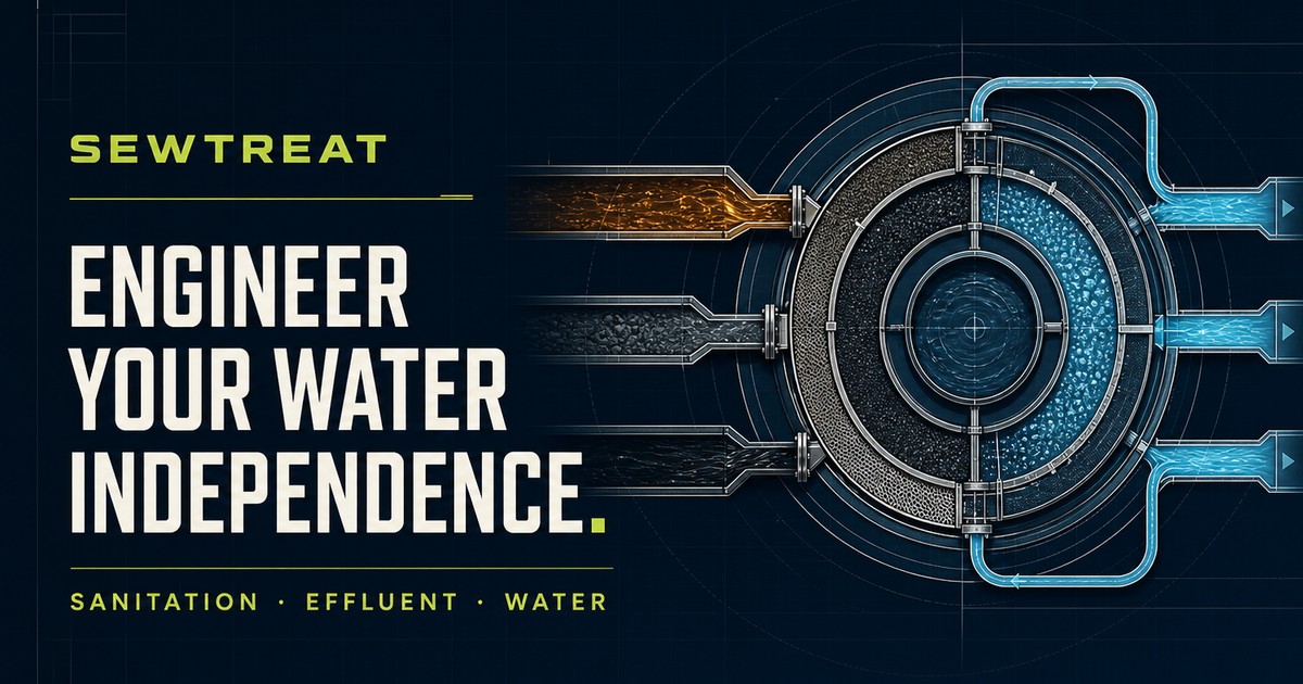 Engineered treatment visual showing contaminated influent transformed into clean water