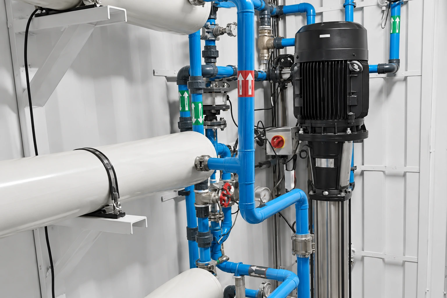 Representative membrane vessels, pump and blue treatment pipework