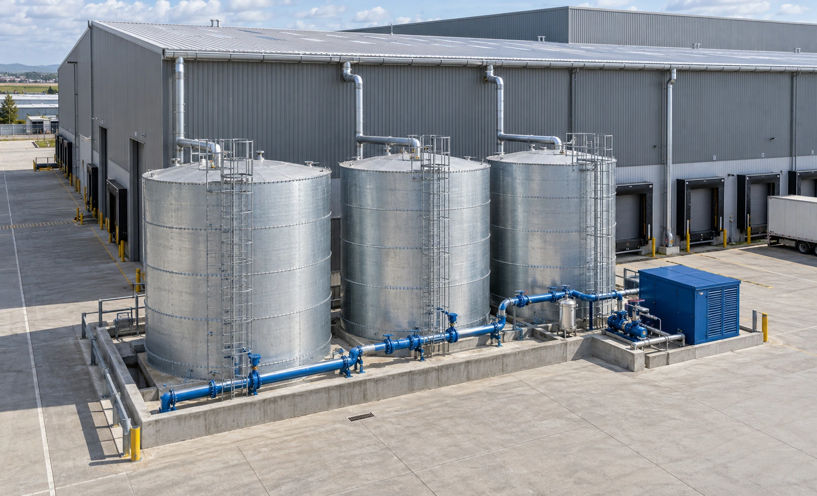 Illustrative industrial rainwater collection at a warehouse with large steel tanks and pumping equipment